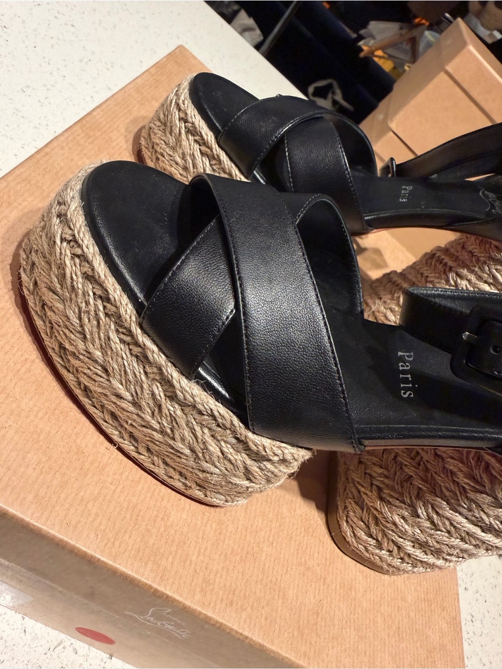 Christian Louboutin Super Mariza 130 Black Leather Espadrille Wedge Sandals - Picture 6 of 11